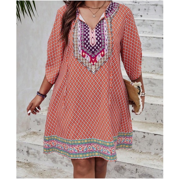 Plus Tribal Print Neck tie Mini Dress - Picture 9 of 9